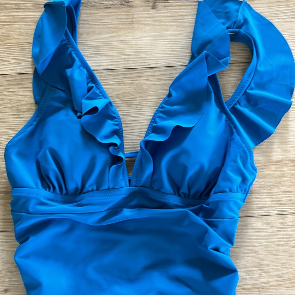 CUPSHE Women's Ruffled One Piece Swimsuit V Neck Lace Up, size L, Teal blue - Picture 4 of 8